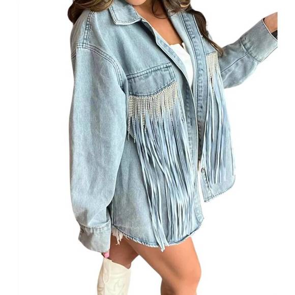 NEW JADYK tyra double fringe denim shacket in lightwash denim - Picture 3 of 4